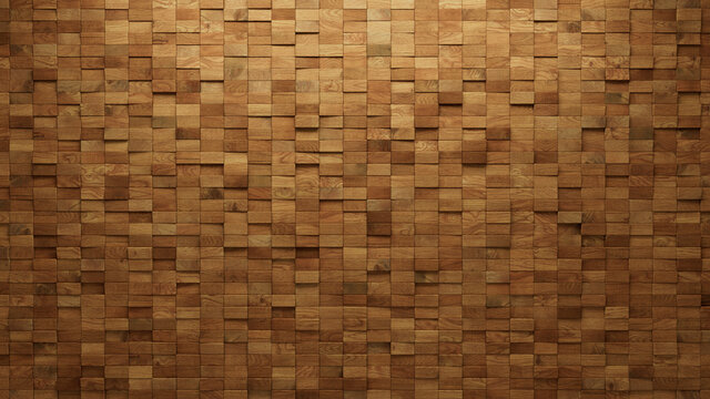 Rectangular, Natural Wall background with tiles. Wood, tile Wallpaper with 3D, Timber blocks. 3D Render
