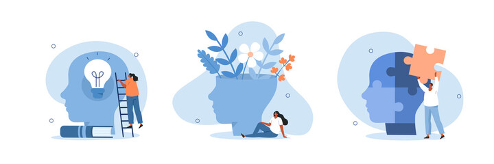 Mental hygiene and self development illustration set. Characters with healthy mentality relaxing, self-learning and easily solving problems. Psychotherapy concept. Vector illustration.