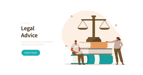 Law and justice scene. Character having consultation with lawyer and becoming legal advice. Jurisprudence concept. Vector illustration.