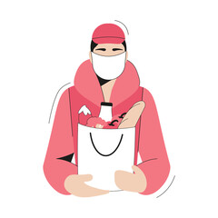 Fresh food delivery. Courier holding food. Food service. Flat cartoon style.