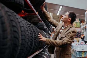 Fototapeta na wymiar male customer choosing new tires in the supermarket .