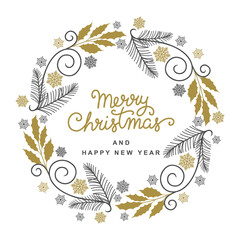 Fototapeta na wymiar Merry Christmas greeting text and wreath circle made of branches of fir leaves and snowflakes. Vector frame illustration isolated on white background