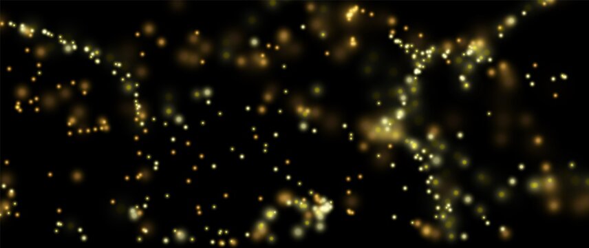 Light bokeh magic background. Gold shiny particles effect. Abstract glow liguid sparks. Vector illustration.