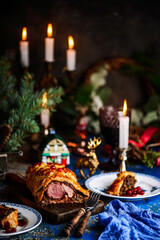Fototapeta na wymiar Beef Wellingon on a festive, New Year's table