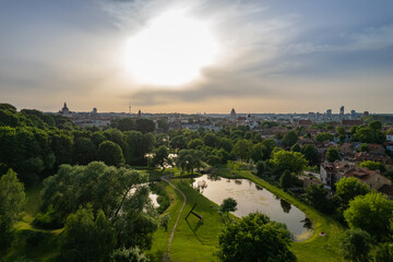 Aerial summer evening sunset view in sunny Vilnius, old town