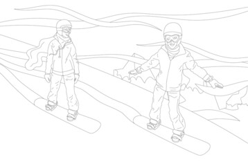 Male and female Snowboarders sliding down the hill isolated on white background. Monochrome illustration..