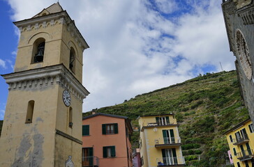 Bell tower of the church of San Lorenzo martire in Manarola, Cinque Terre, Italy