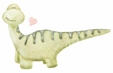 Watercolor illustration of a cute herbivorous diplodocus dinosaur. Perfect for printing, web, textile design, souvenirs, scrapbooking.