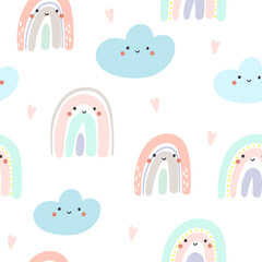 Hand drawn cute rainbow seamless pattern. Rainbow print for baby textiles, fabrics and baby shower cards.