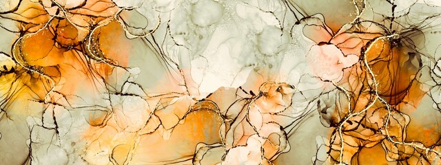 Organic background concept, modern alcohol ink painting with earth tones, watercolour drawing with warm accent, liquid texture, luxury gold design veins, abstract wallpaper for print
