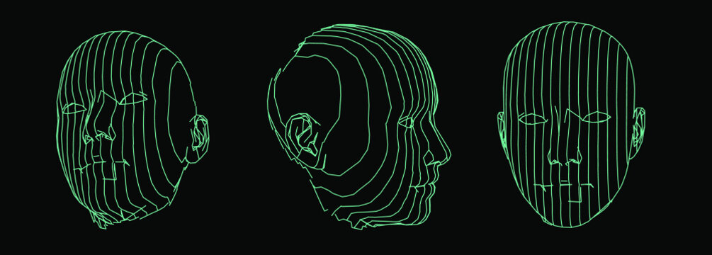 3D wireframe of a human head on dark background. Concept for Artificial intelligence and Neural Networks themes.
