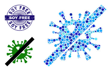 Round dot mosaic no SARS virus icon and SOY FREE round scratched stamp imitation. Blue stamp seal includes SOY FREE tag inside circle and guilloche pattern.