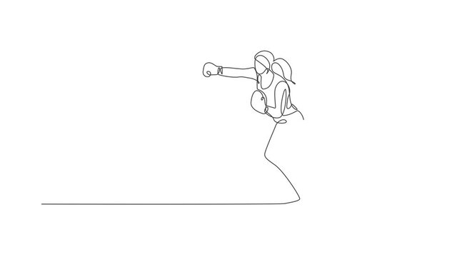 Animated self drawing of continuous line draw young agile woman boxer practice punch attack the rival. Fair combative sport concept. Full length one line animation for boxing game promotion media.