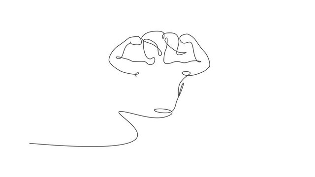 Animated self drawing of continuous line draw young muscular model woman bodybuilder pose elegantly. Fitness center gym logo. Full length one line animation for bodybuilding icon symbol template.