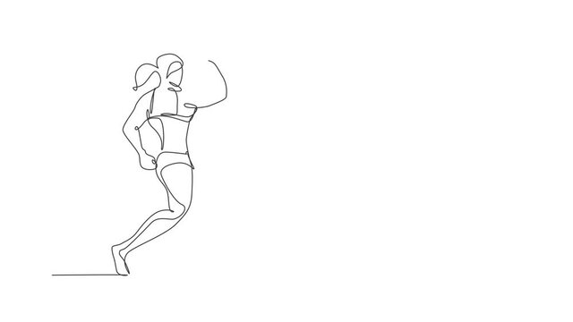 Animation of one line drawing of energetic model woman bodybuilder pose. Healthy workout concept. Continuous line self draw animated for bodybuilding fitness center club logo icon. Full length motion