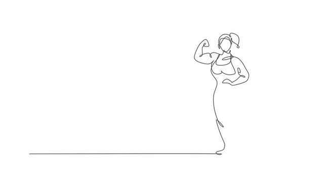 Animated self drawing of single continuous line draw young muscular model woman bodybuilder posing elegantly. Fitness gym logo. Full length one line animation for bodybuilding icon and symbol template