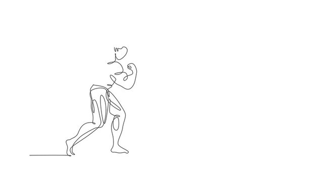Animation of one line drawing of energetic model man bodybuilder posed. Healthy workout concept. Continuous line self draw animated for bodybuilding fitness center club logo icon. Full length motion.