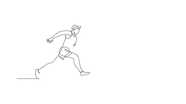 Animated self drawing of continuous line draw young sporty man runner focus running on run track. Health activity sport concept. Full length single line animation for running event promotion poster.