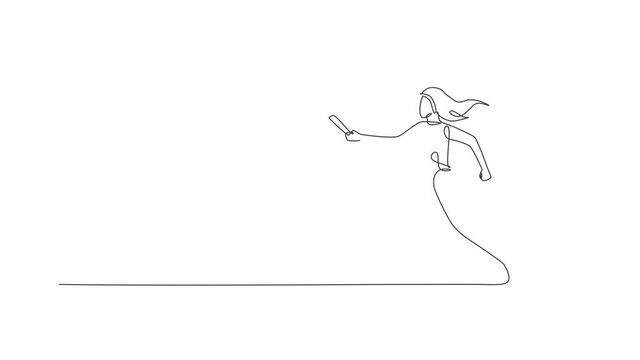 Animated self drawing of one continuous line draw young sporty runner woman try to pass baton stick to her teammate. Healthy lifestyle and fun jogging sport concept. Full length single line animation.