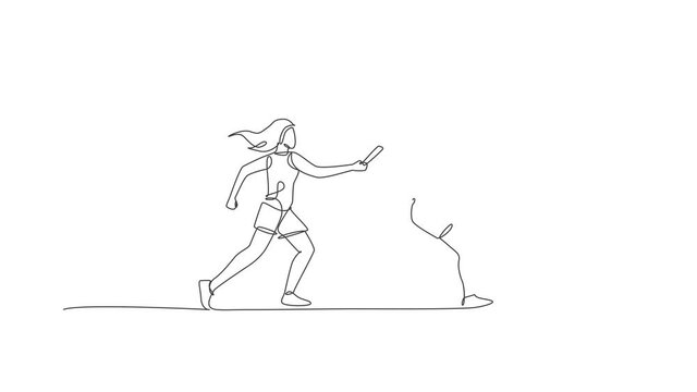 Animated self drawing of one continuous line draw young sporty runner women pass baton stick at run race event. Healthy lifestyle and fun jogging sport concept. Full length single line animation.