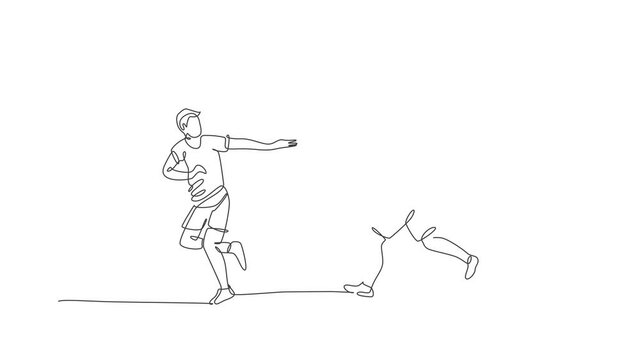 Animation of one line drawing young happy runner man pass baton stick to his teammate at race. Healthy lifestyle and competitive sport concept. Continuous line self draw animated. Full length motion.