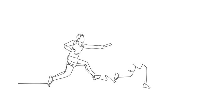 Animated self drawing of one continuous line draw young sporty runner man pass baton stick to his team mate. Healthy lifestyle and fun jogging sport concept. Full length single line animation.