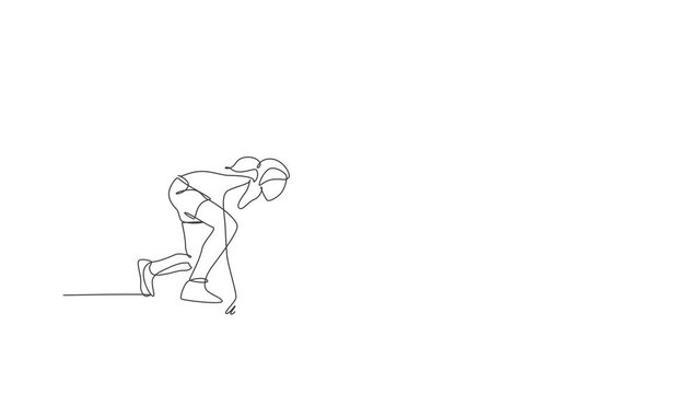 Animation of one single line drawing of young happy runner woman ready at start pole position. Healthy lifestyle and competitive sport concept. Continuous line self draw animated. Full length motion.