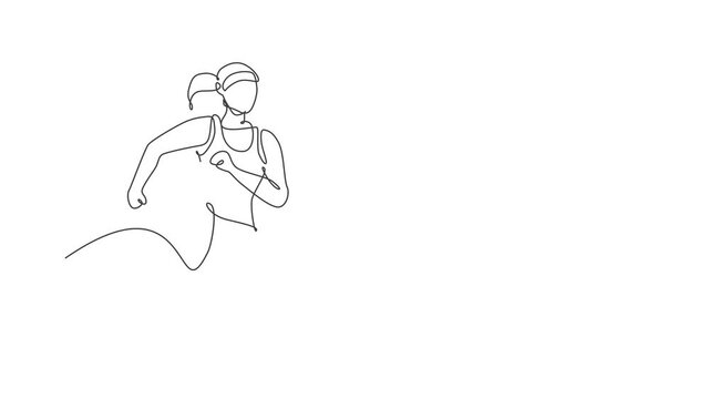 Animated self drawing of single continuous line draw young happy health runner woman running at run track. Fun sport jogging and healthy lifestyle concept. Full length one line animation illustration.