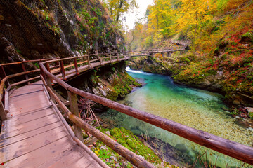 Vintgar gorge near Lake Bled in autumn colors, Julian Alps, Triglav National Park