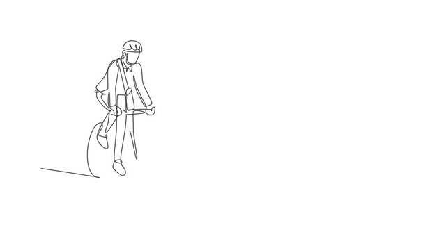 Animated self drawing of single continuous line draw young professional businessman riding bicycle to his company. Bike to work, eco friendly transportation concept. Full length one line animation.