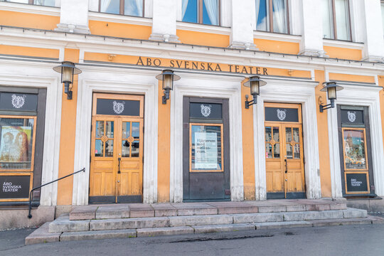 Turku, Finland - August 6, 2021: Entrance to Turku Swedish Theater. Completed in 1839. Architects: P. J. Gylich and Carl Ludvig Engel.