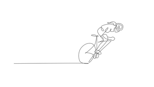 Animation of one line drawing young energetic woman bicycle racer focus train her speed. Racing cyclist concept. Continuous line self draw animated for cycling tournament banner. Full length motion.