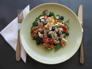 A brown rice salad with fresh vegetables and blueberries exemplifies the healthy cooking and eating goal that many people set for the new year.  