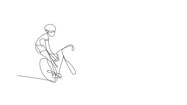 Animated self drawing of continuous line draw sporty man bicycle racer wave hand to supporters. Road cyclist concept. Full length single line animation illustration for cycling competition poster.