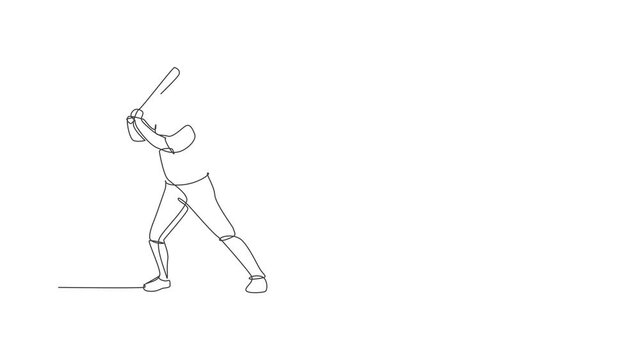 Animated self drawing of continuous line draw young agile man baseball player ready to hit the ball. Sport exercise concept. Full length one line animation illustration for baseball promotion media.