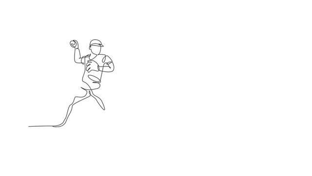 Animation of one line drawing of energetic man baseball player practice to hit the ball. Sport training concept. Continuous line self draw animated for baseball tournament banner. Full length motion.
