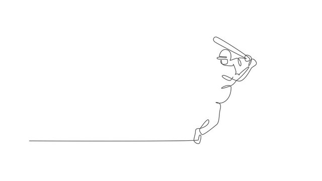 Animation of one line drawing of energetic man baseball player exercise to hit the ball. Sport training concept. Continuous line self draw animated for baseball tournament banner. Full length motion.