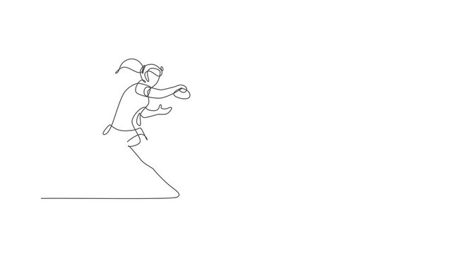 Animated self drawing of single continuous line draw young agile woman table tennis player hit the ball. Sport exercise concept. Full length one line animation for ping pong tournament promotion media
