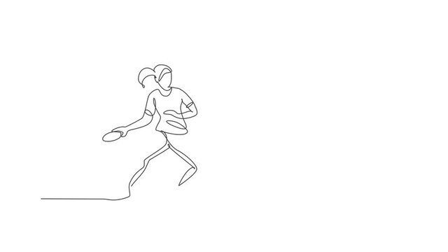 Animation of one line drawing young energetic woman table tennis player hit the ball. Sport training concept. Continuous line self draw animated for ping pong tournament banner. Full length motion.