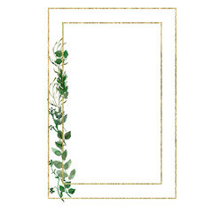 Gold Glitter rectangle frame, Watercolor hand painted floral geometric frame, Greenery chic frame isolated on white background, Bohemian nature frame for wedding design, invitation, greeting card