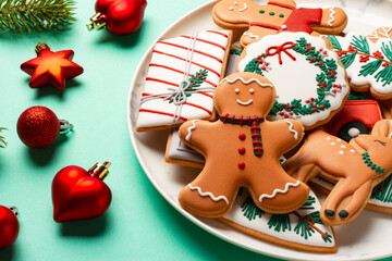 Christmas composition with decorations and cookies on a mint background