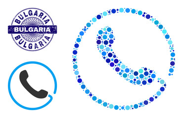 Obraz premium Circle composition phone icon and BULGARIA round dirty stamp. Blue stamp seal includes BULGARIA caption inside circle and guilloche ornament. Vector mosaic is based on phone icon,