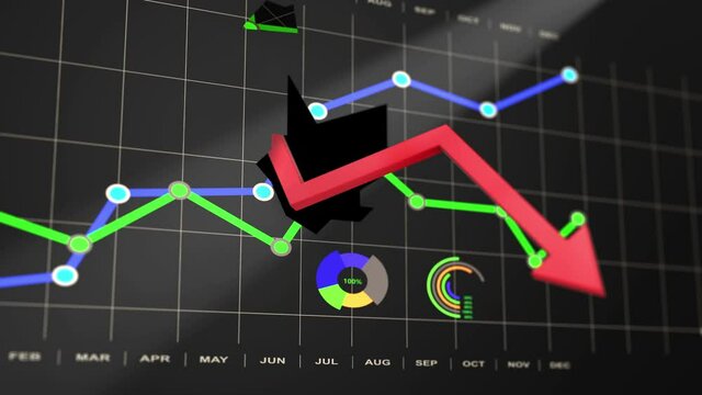 Economic and financial crisis rising inflation and debt as metaphor. Falling red arrow going through and shatter a graph. 4K UHD 3D video motion animation.