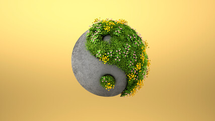 Three dimensional render of yin and yang symbol made of concrete and springtime meadow