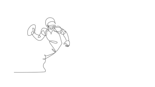 Animation of one line drawing of energetic american football player stance to throw the ball for league promotion. Sport competition concept. Continuous line self draw animated. Full length motion.
