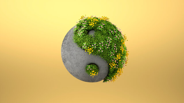 Three dimensional render of yin and yang symbol made of concrete and springtime meadow