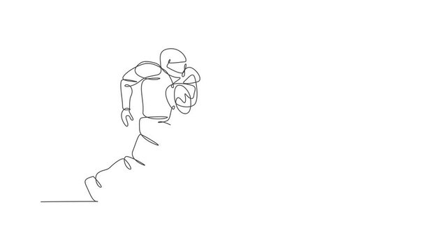 Animation of one line drawing of energetic american football player run fast to score a goal for league promotion. Sport competition concept. Continuous line self draw animated. Full length motion.