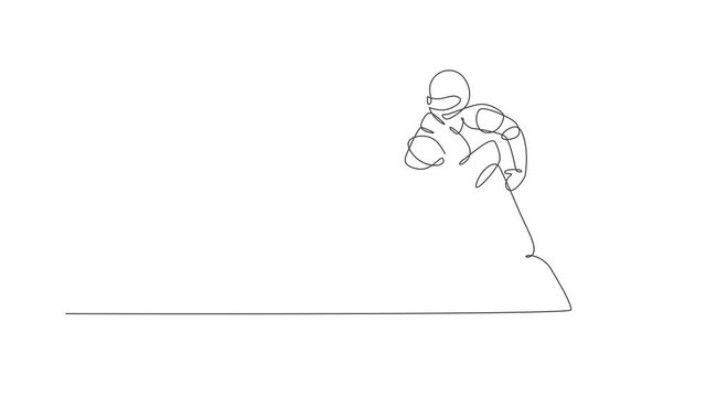 Animated self drawing of continuous line draw young agile american football player hold the ball and avoid opponents for competition media. Sport exercise concept. Full length one line animation.