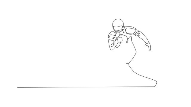 Animated self drawing of single continuous line draw young agile man american football player run fast to avoid rival team for competition media. Sport exercise concept. Full length one line animation