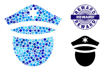 Round dot combination police head icon and REWARD round textured seal. Blue seal includes REWARD text inside circle and guilloche ornament. Vector collage is based on police head icon,